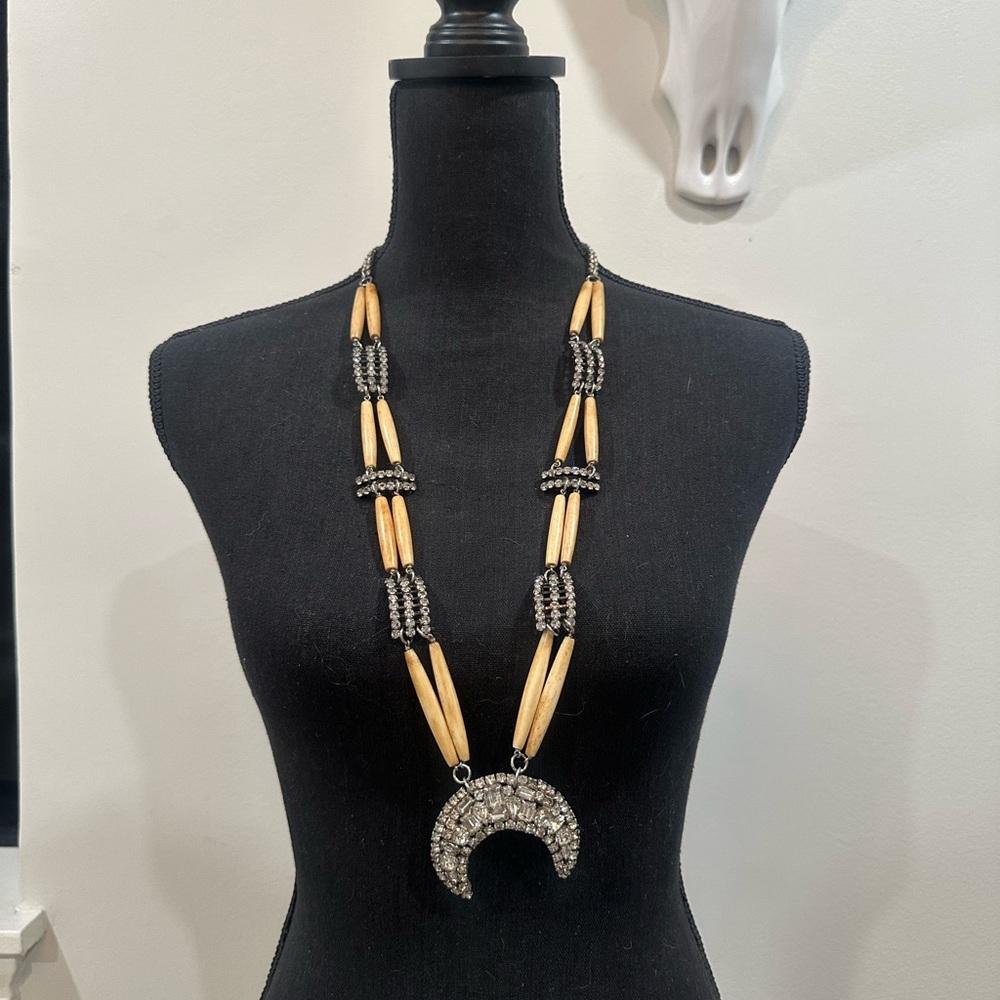 Rhinestone and Bone Squash Blossom Necklace